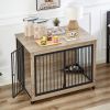 Furniture Style Dog Crate Side Table With Rotatable Feeding Bowl, Wheels, Three Doors, Flip-Up Top Opening. Indoor, Grey, 43.7"W x 30"D x 33.7"H